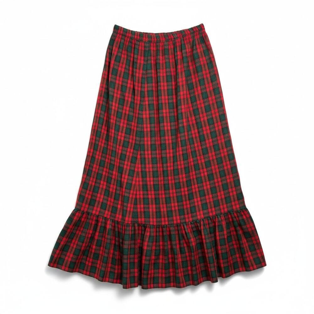 Happy Legs women's Vintage Red Green Plaid Ruffle Hem Maxi Skirt Size 9